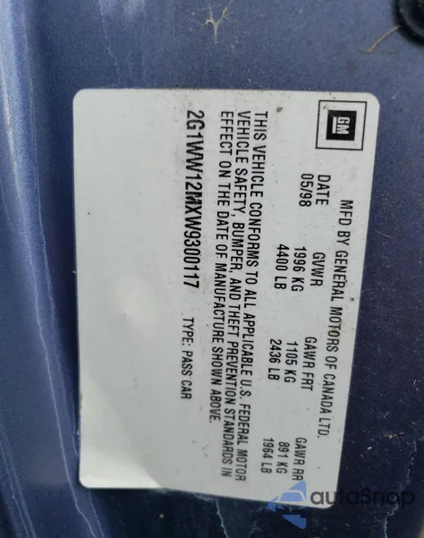 1998 Chevrolet Monte Carlo Ls из США, поврежденный, VIN 2G1WW12MXW9300117